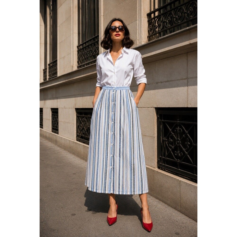 Max Studio Linen Cotton Striped Midi Skirt Button Front Pockets Elastic Waist S